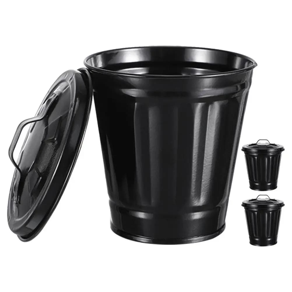 3Pcs Metal Bucket with Lid Mini Desktop Trash Can Compact Wastebasket Small Garbage Can for Desk Countertop Dorm Room Office Use