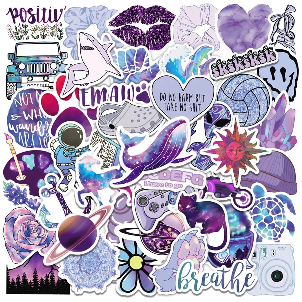 50 Pezzi Adesivi Estetici Viola con Cartoni Animati e Graffiti per DIY, Cover per Telefono, Chitarra, Notebook, Laptop, Cancelleria, Auto, Scrapbooking