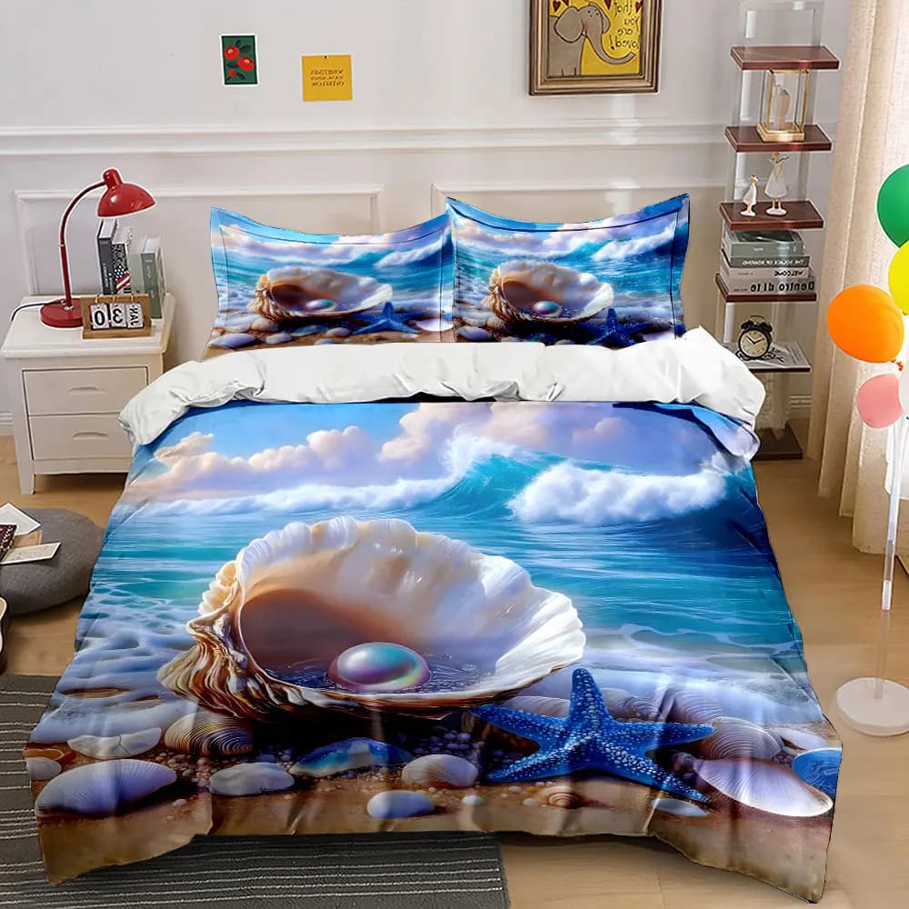 Seashell Pearl and Blue Starfish Duvet Cover Set with 3D Printing Design Soft Polyester Bedding Set All-Season Comfort