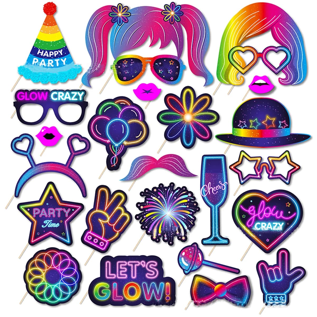 25Pc Lets Glow Photo Booth Props with Stick, Neon Fluorescent Theme Selfie Props, Birthday Party Photography Backdrop Decoration