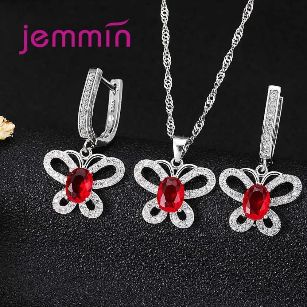 Set di orecchini pendenti con collana di cristalli di zirconi cubici a forma di farfalla in argento sterling 925 lucido per regali di gioielli per feste di nozze da donna