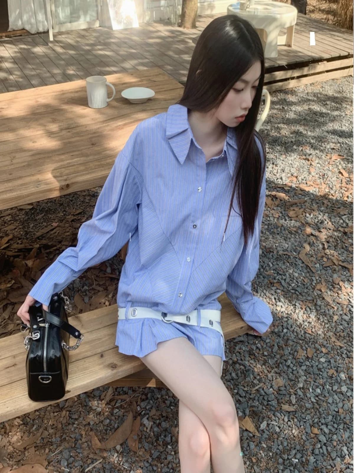 Blue Neck Striped Long Sleeve Shirt Dress Women's Pleated Skirt Spring Autumn New Style Simple Chinese Origin