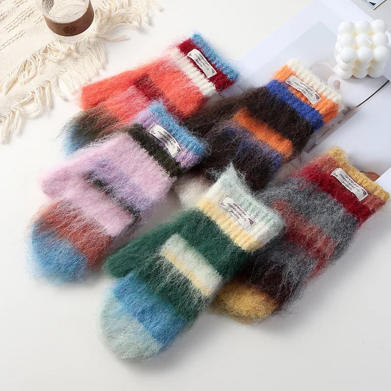 Guanti Senza Dita in Maglia Spessa e Peluche per Donna, Autunno Inverno, Antifreddo, Versatili, Caldi, Design a Righe Colore Dopamina