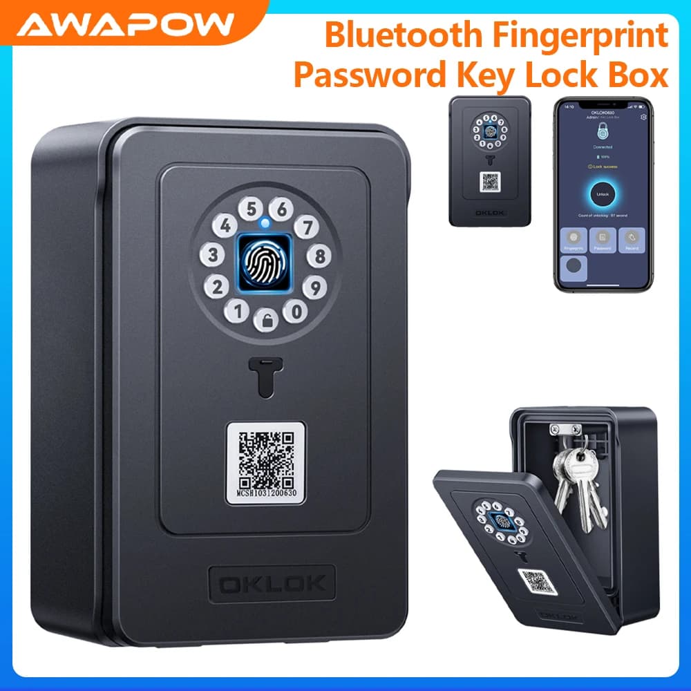 Awapow Cassetta Portachiavi Bluetooth con Password, Antifurto, con Impronta Digitale, Impermeabile per Esterni, Montaggio a Parete, Compatibile con OKLOK