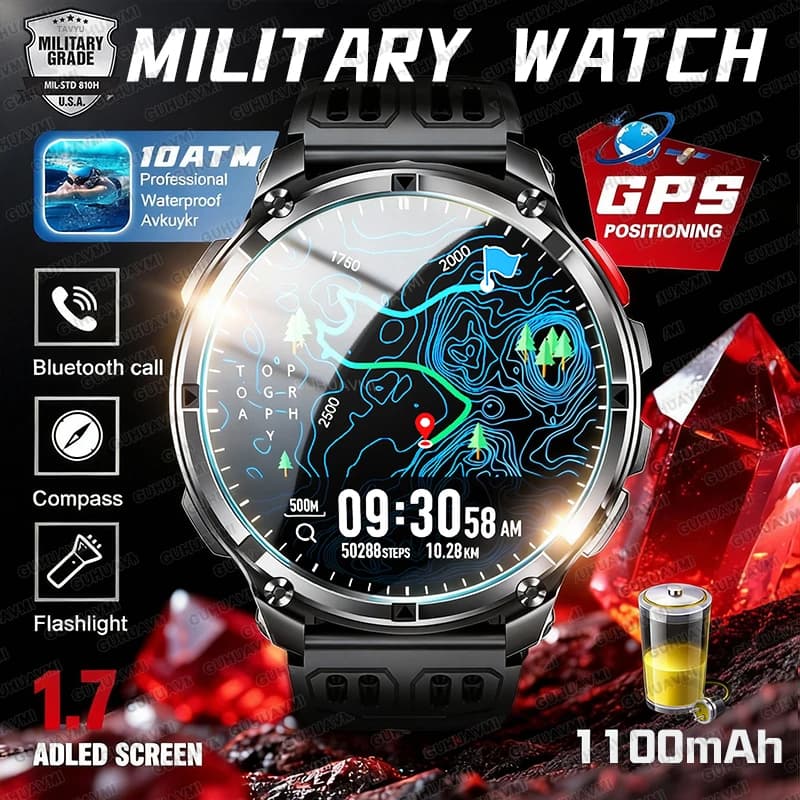Watch Smart GPS Military 2026, Battery 1100mAh, 120 Days Standby, Waterproof 10ATM, Watch Underwater, Sports Watch Robust Men 1.7"
