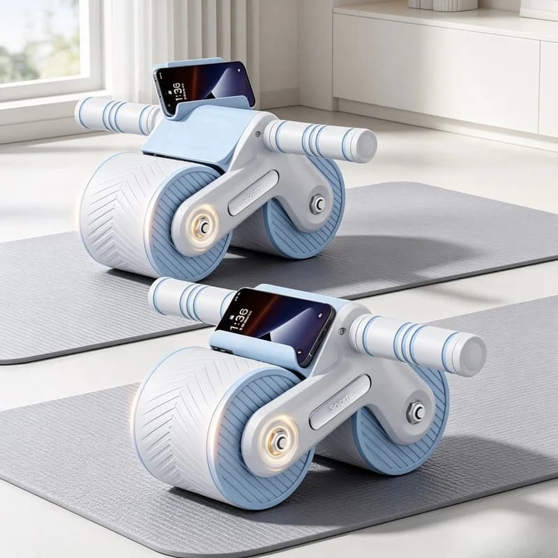 Auto-Rebound Double-Wheel Ab Roller with Phone Holder, Non-Slip Home Core Workout Equipment for Beginners