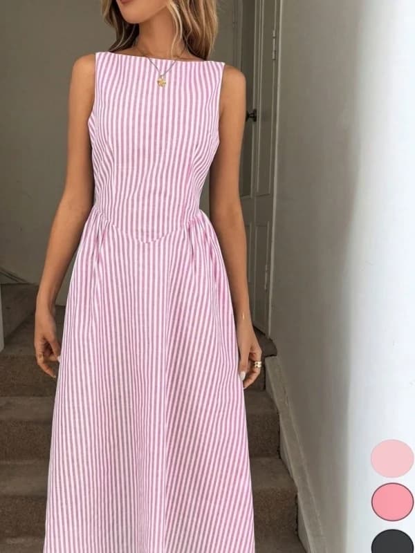 Summer Casual Stripe Dress Women's Sleeveless High Waist Long Skirt Fashion Princess Style Polyester Fabric Vacation Wear