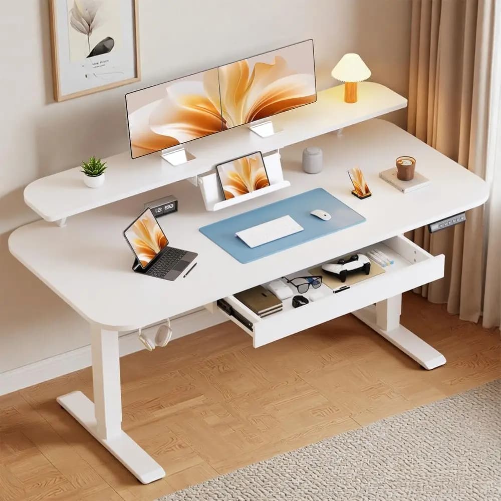 Adjustable Desk in White Height 55x24 with Preset Memory for Home Office, Suitable for Monitor and Laptop