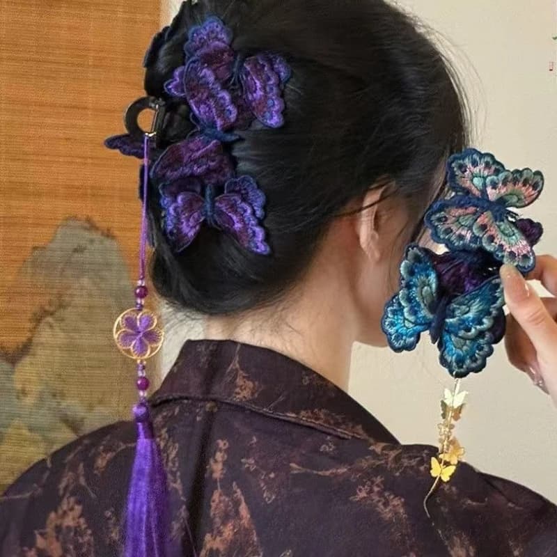 Fermaglio per capelli da donna, a forma di farfalla viola ricamata con nappa, grande fermaglio a pinza a forma di squalo, nuovo stile cinese, accessori per capelli da donna