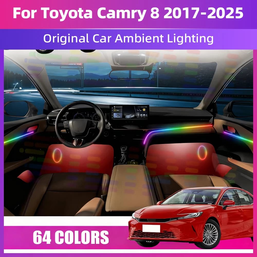 Un Set Strisce luminose a LED Luci d'atmosfera nascoste per interni auto Illuminazione RGB Symphony 64s APP per Toyota Camry 8 2017-2025