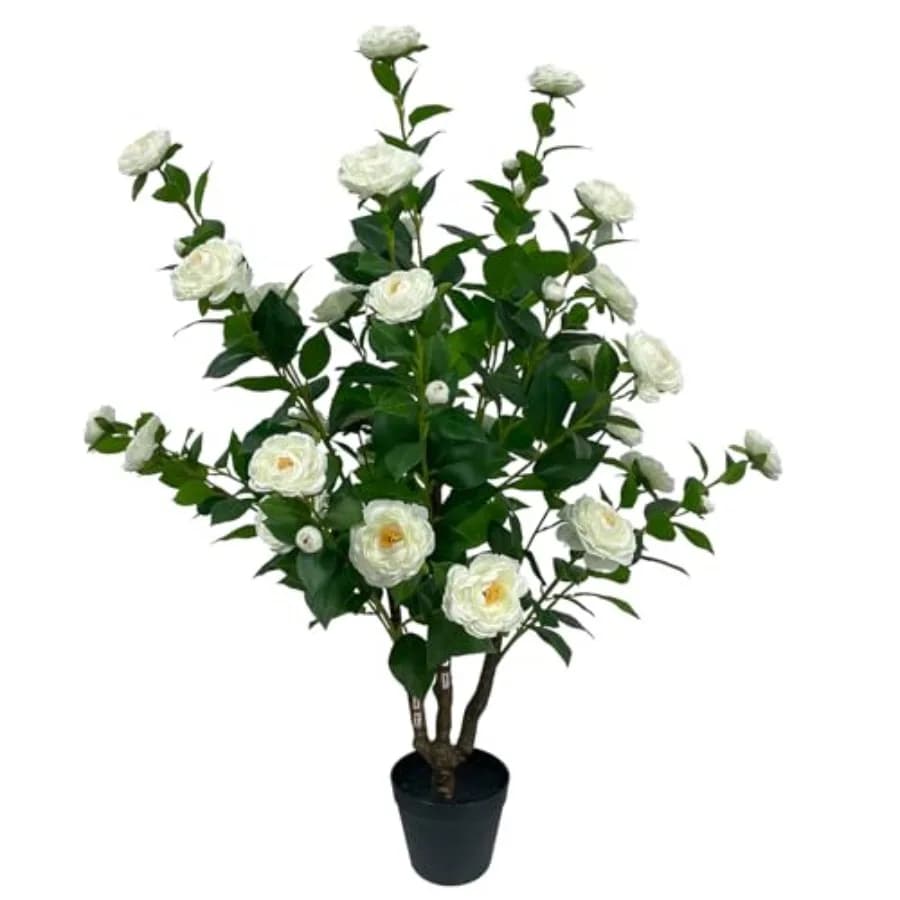 Albero di Camelia Artificiale in Vaso da 1 Metro con Fiori Bianchi, Pianta di Camelia Finta per Decorazioni Interne ed Esterne, Decorazione per Porta d'Ingresso