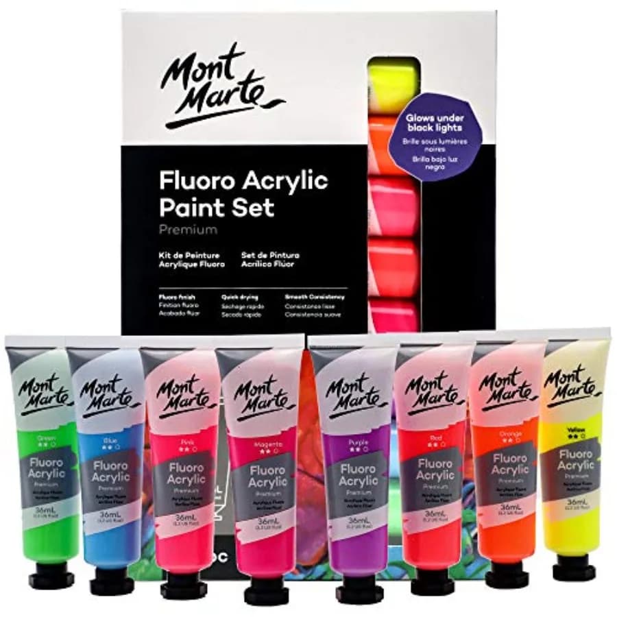 Fluoro Acrylic Paint Set, 8 x 1.02oz 36ml Tubes, 8 Colors, Suitable for Most Surfaces Including Canvas, Card, Paper and Wood