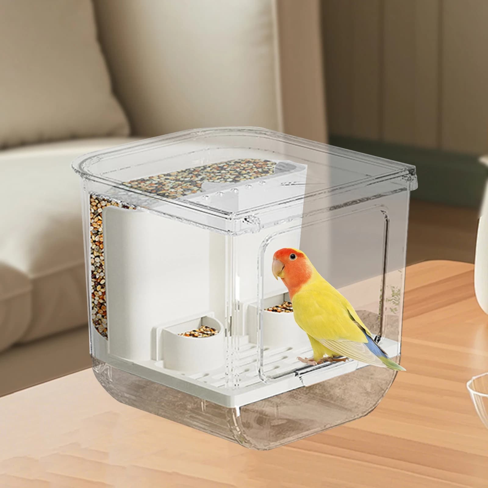 Dispenser Automatico di Cibo per Uccelli, Contenitore Trasparente per Alimentazione, Accessorio per Gabbie di Piccoli Animali, Pappagalli e Canarini 16.5x18x16.6cm