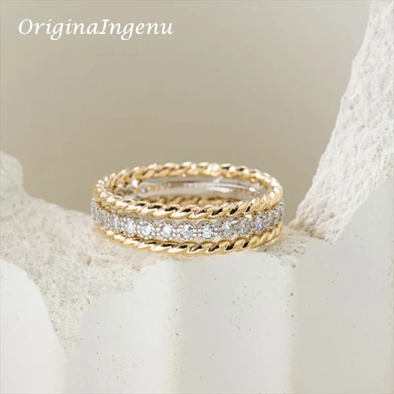Set of 3 stackable rings filled with gold made by hand with zircons and jewels resistant to fogging delicate jewelry Boho minimalist ring for women