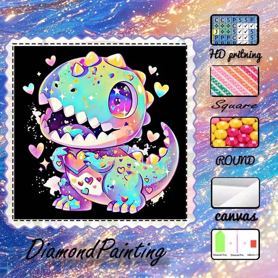 1 pezzo di tessuto floccato 5D fai da te, trapano speciale, kit per pittura con diamanti, dinosauro, forma a cuore, mosaico con motivi, arte con diamanti