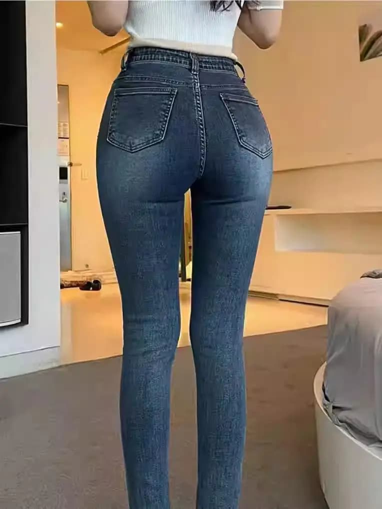 Jeans Classici Blu Scuro da Donna, Slim Fit, Vita Alta, Modellanti, Aderenti, Effetto Push-Up, in Denim Elasticizzato di Cotone, Moda Casual