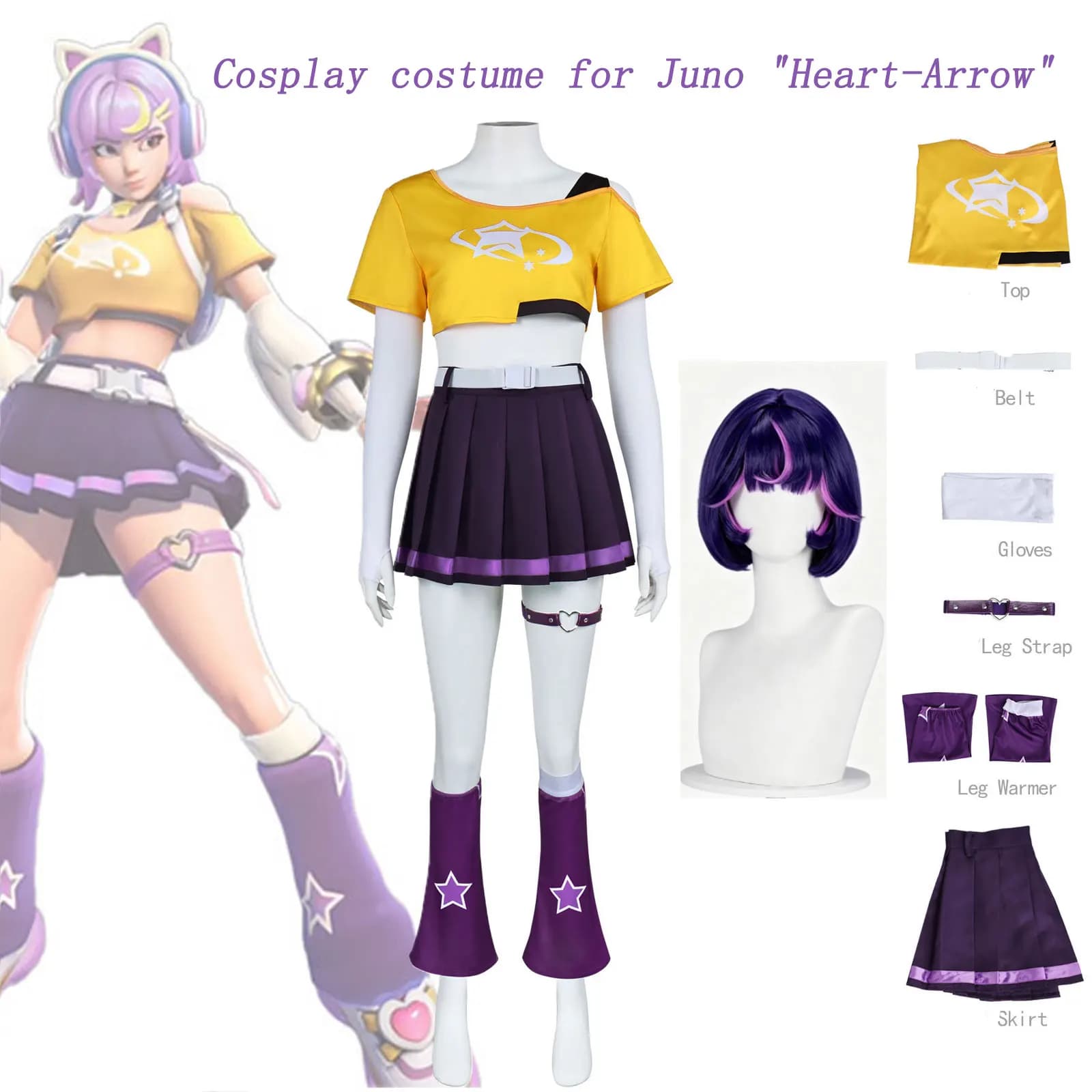 Overwatch 2 Juno Heart‑Arrow Cosplay Full Set Game Costume Crop Top Skirt Leg Warmers With Wig Accessories