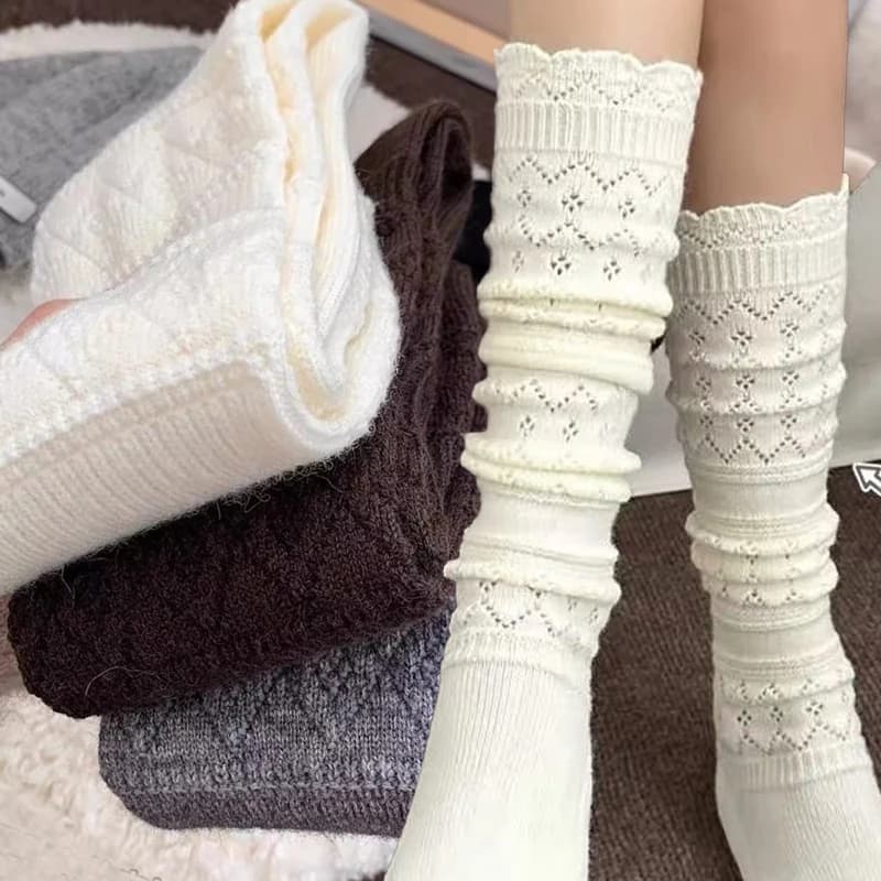 Calzini Lunghi a Maglia Traforati Stile Harajuku, Calze in Cotone a Pelo Lungo, Calzini Invernali Caldi a Tubo Lungo Lavorati all'Uncinetto