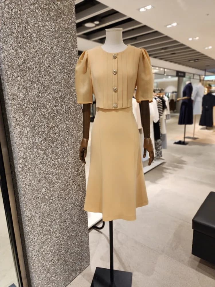 Elegant Summer 2026 Bubble Sleeve High Waist Single Button Fish Tail Midi Dress Slim Fit Korean Style Commute Dress