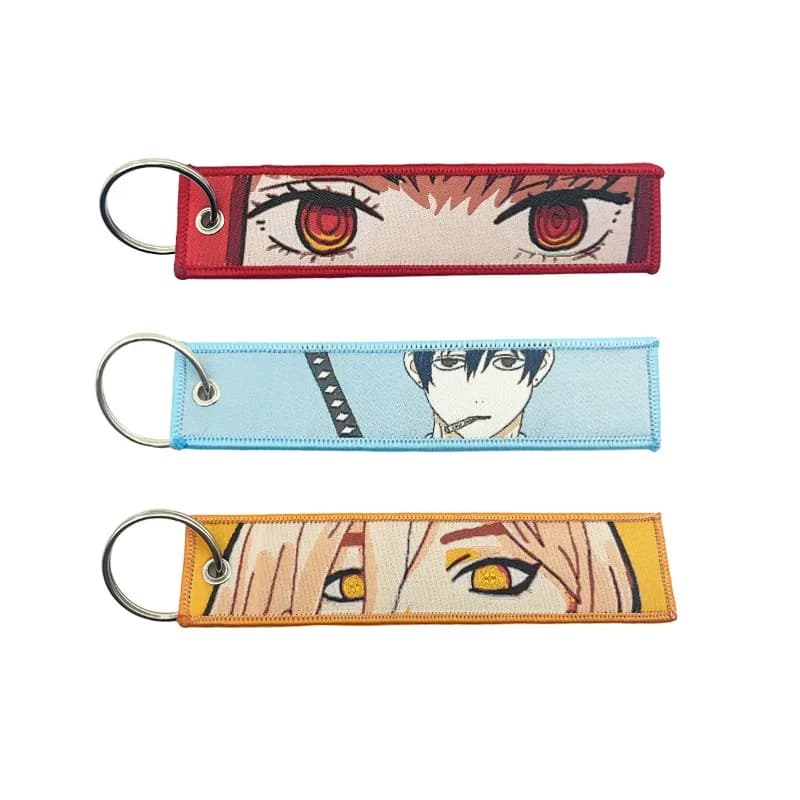 Portachiavi con Etichetta Ricamata su Due Lati Chainsaw Man, Cordino Porta Badge in Tessuto, Anello Portachiavi in Tessuto