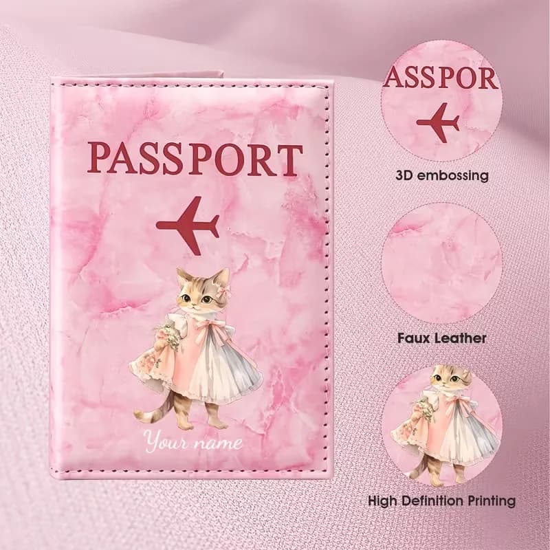 Personalized Custom Name Cute Cat Princess Style Illustration Design Passport Holder, Featuring a Pink Dress Cat Image Paired
