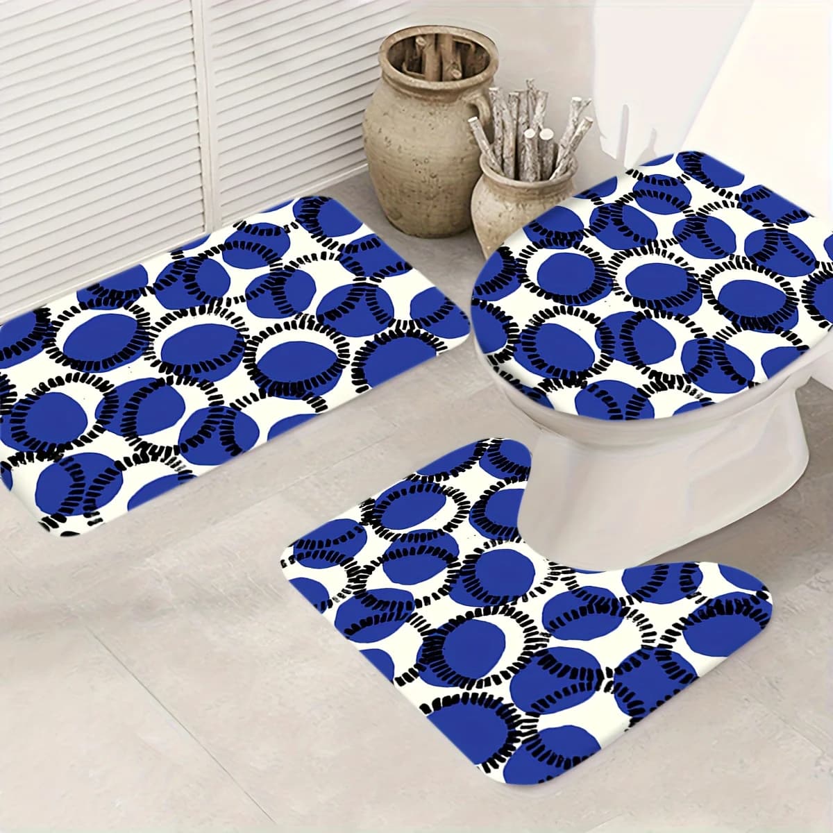 Set da Bagno Blue Circle 3 Pezzi – Copriwater Antiscivolo in Peluche, Tappetino a U e Tappeto da Pavimento, Decorazione Morbida Stampata per il Bagno