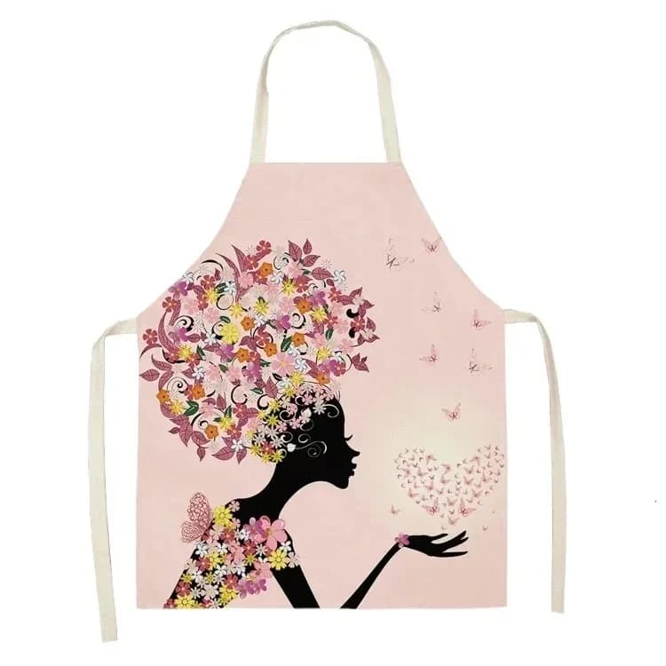 Grembiule da Cucina per Donna con Stampa Floreale e Silhouette Femminile, Senza Maniche, in Lino, per Cucinare e Pulire
