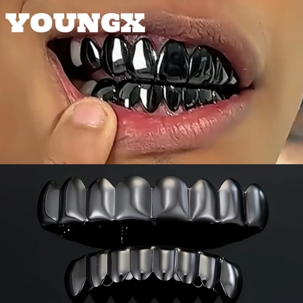YOUNGX Grillz per Denti Neri Lucidi, Coperture Dentali Hip Hop per Uomo e Donna, Gioielli Indossabili