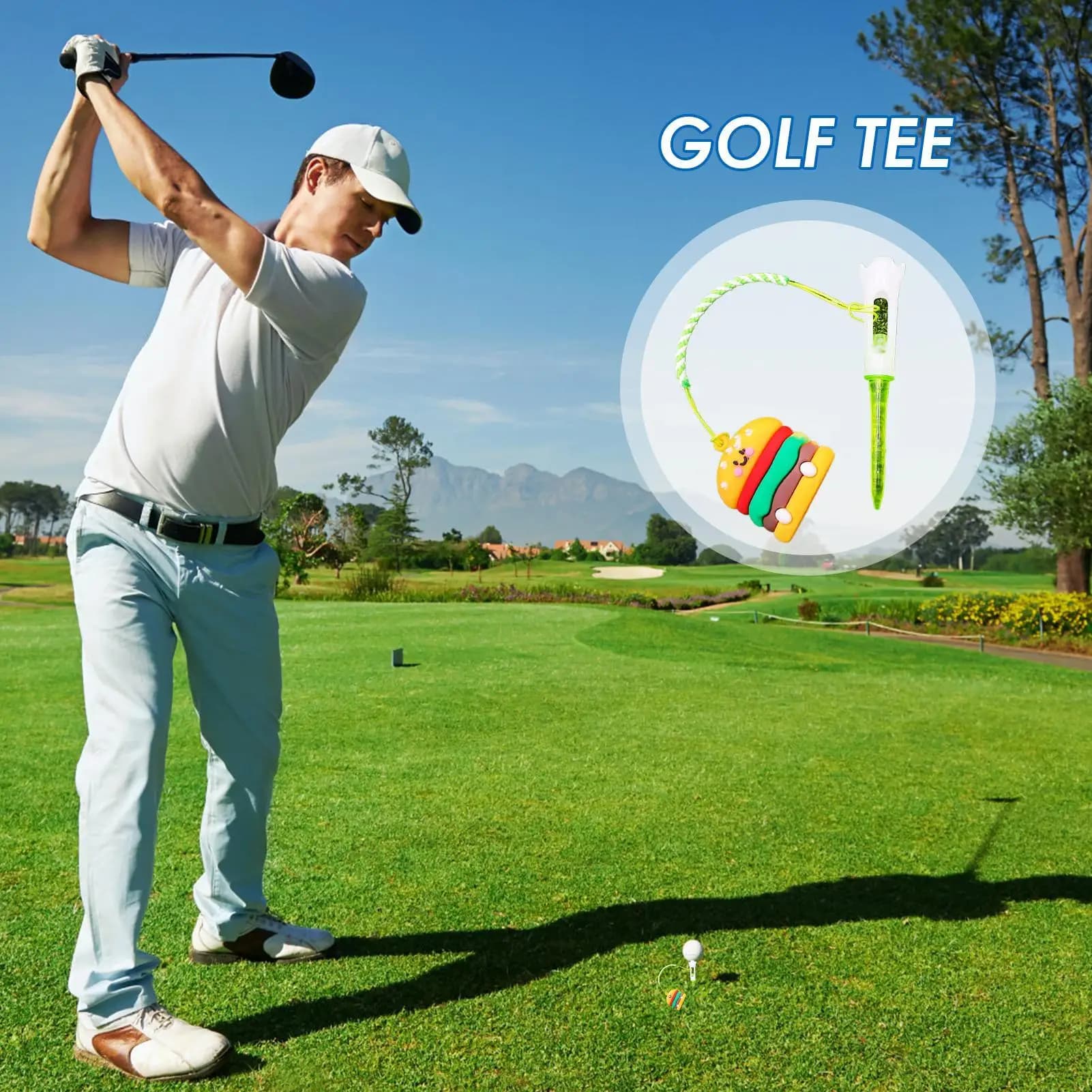 Gancio per tee da golf Anello porta tee da golf anti smarrimento Simpatico golfista a tema alimentare Forniture per allenamento per principianti Uomini Donne Madre