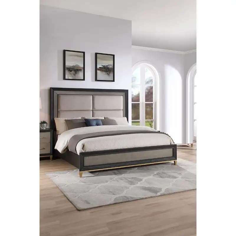 Letto queen size imbottito con pannello con struttura in legno massello, finitura nero/marrone, gambe dorate, mobili per camera da letto in legno