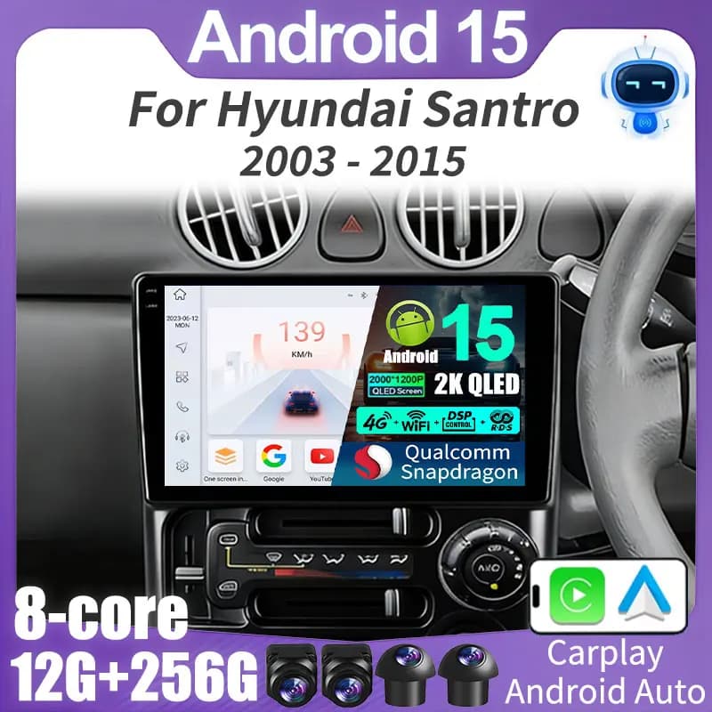 Autoradio Android 15 per Hyundai Santro 2003-2015 con Wireless Carplay Auto, 4G DSP, Lettore Multimediale Video, Stereo 5G WiFi