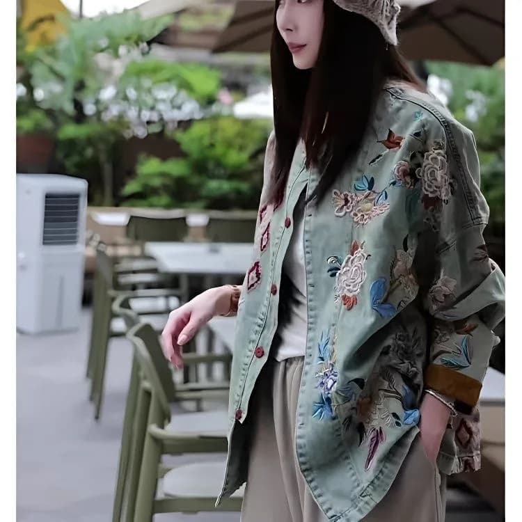 Retro Blue Floral Embroidery round Neck Splicing Denim Jacket Spring 2026 New Style Unique Small Fragrance Style Outerwear
