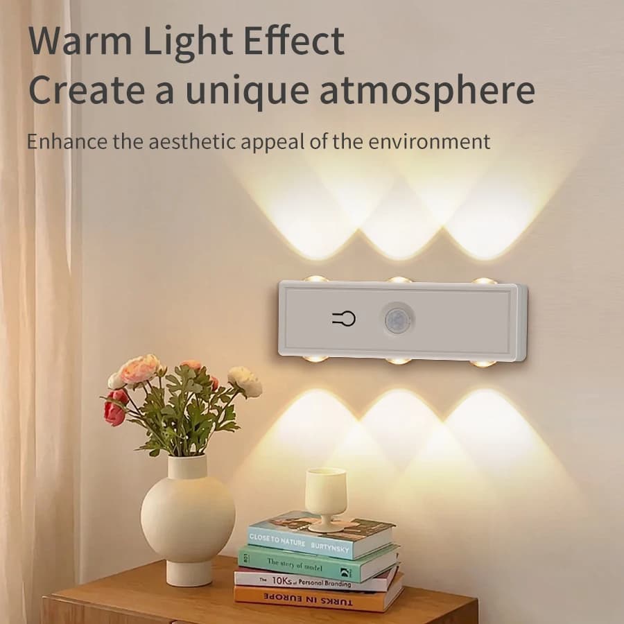Lampada da Parete Magnetica a Doppia Testa con 6 LED, Sensore di Movimento, 3 Colori, Luce Notturna RGB, Ricaricabile USB, Dimmerabile al Tocco, Illuminazione da Comodino