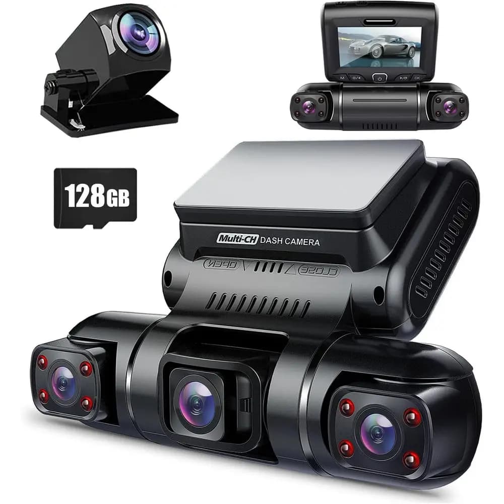 Dash Cam a 4 Canali con Telecamere Anteriore, Posteriore e Interna, GPS, Visione Notturna, Monitoraggio Parcheggio 24/7, Scheda da 128GB