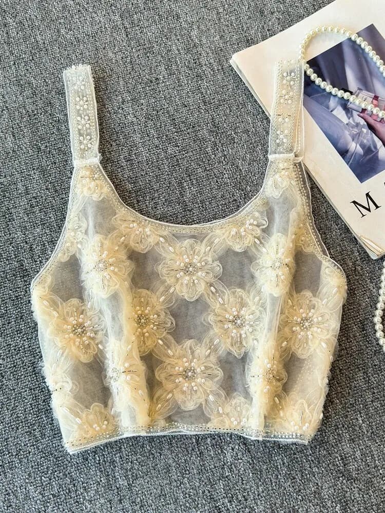 Nuovo Top Estivo da Donna 2026 con Glitter, Canotta Larga Senza Maniche con Ricamo Floreale e Perline, Gilet alla Moda