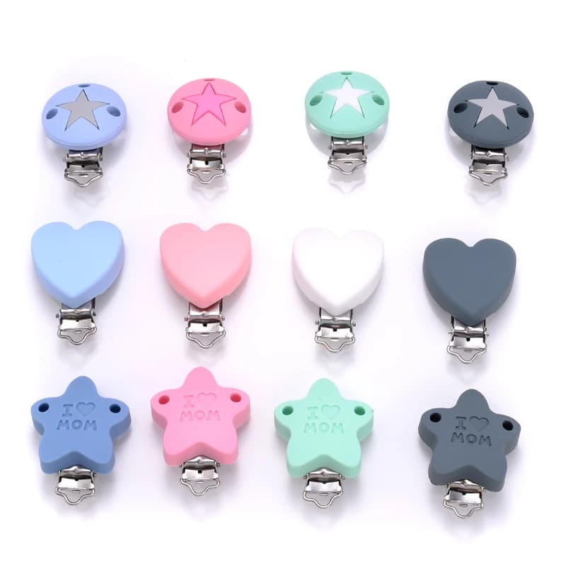 Clip per ciuccio in silicone rotondo con cuore a forma di stella da 3 pezzi per accessori per catena ciuccio fai da te Porta ciuccio per allattamento per succhietto per bambini BPA gratuito