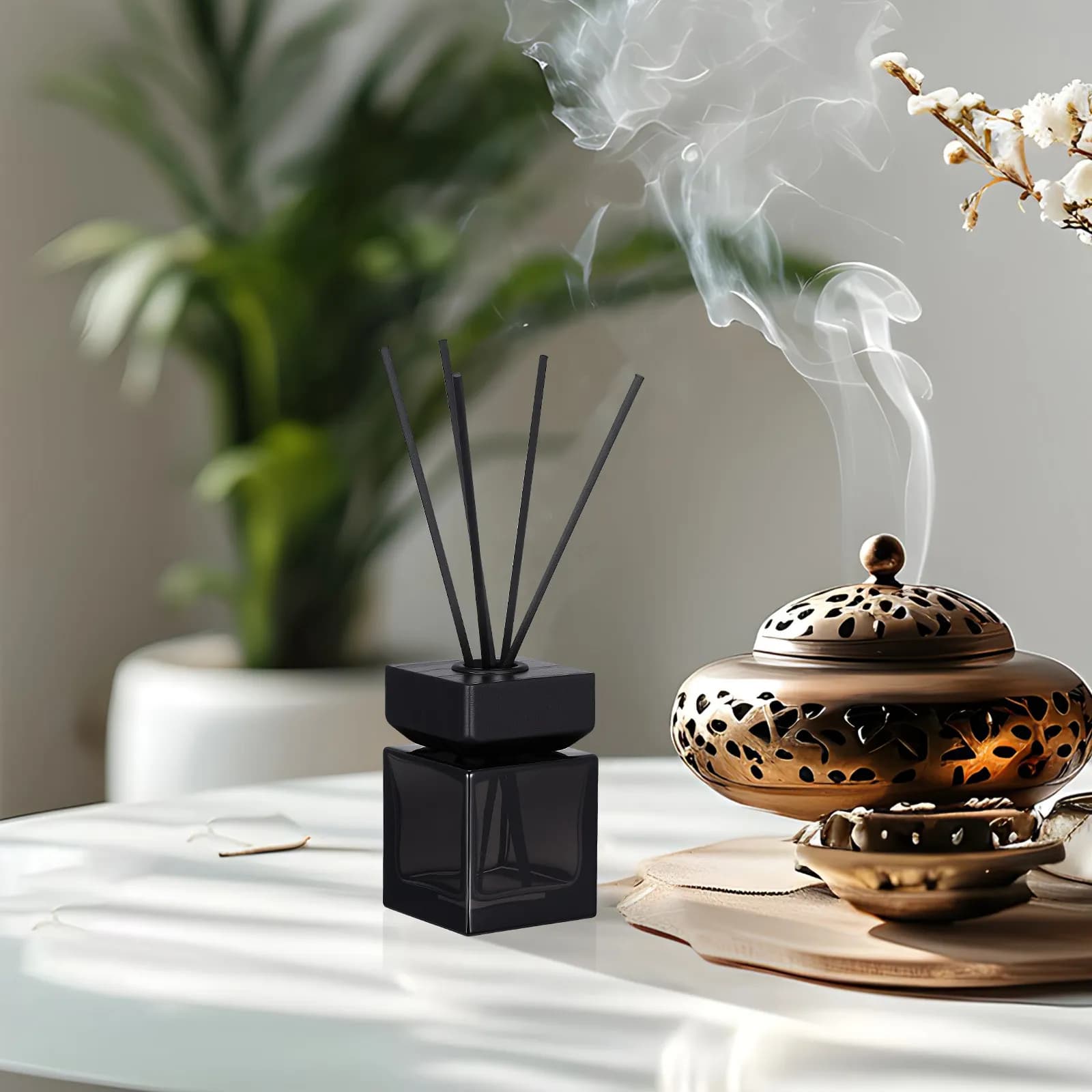 Set di 1 Diffusore di Aromi in Rattan con Coperchio in Legno, Bottiglia Vuota Ricaricabile da 100ml, Kit per Aromaterapia Senza Fiamma, Fragranza Fresca e Naturale