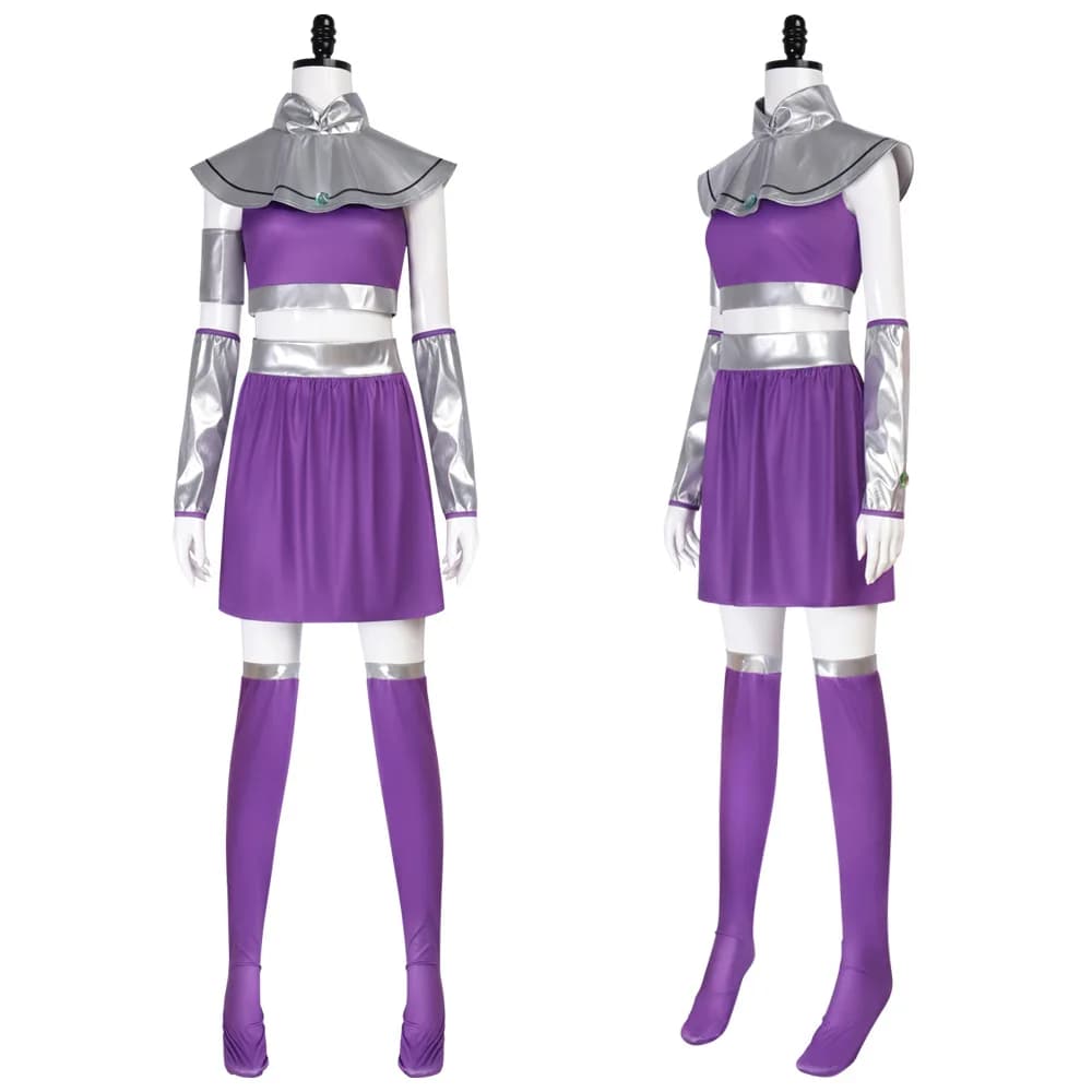Costume da Donna Viola e Argento Metallizzato per Cosplay, Set Completo 6 Pezzi con Top Corto, Gonna, Polsini, Sciarpa e Calzini per Halloween e Carnevale