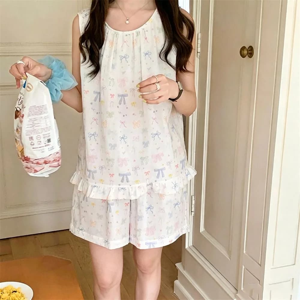 Summer Korean Style Sleeveless Pajamas Set Women Cute Bow Print Cami Top Shorts Loungewear Sleepwear Soft Comfortable Loose Fit