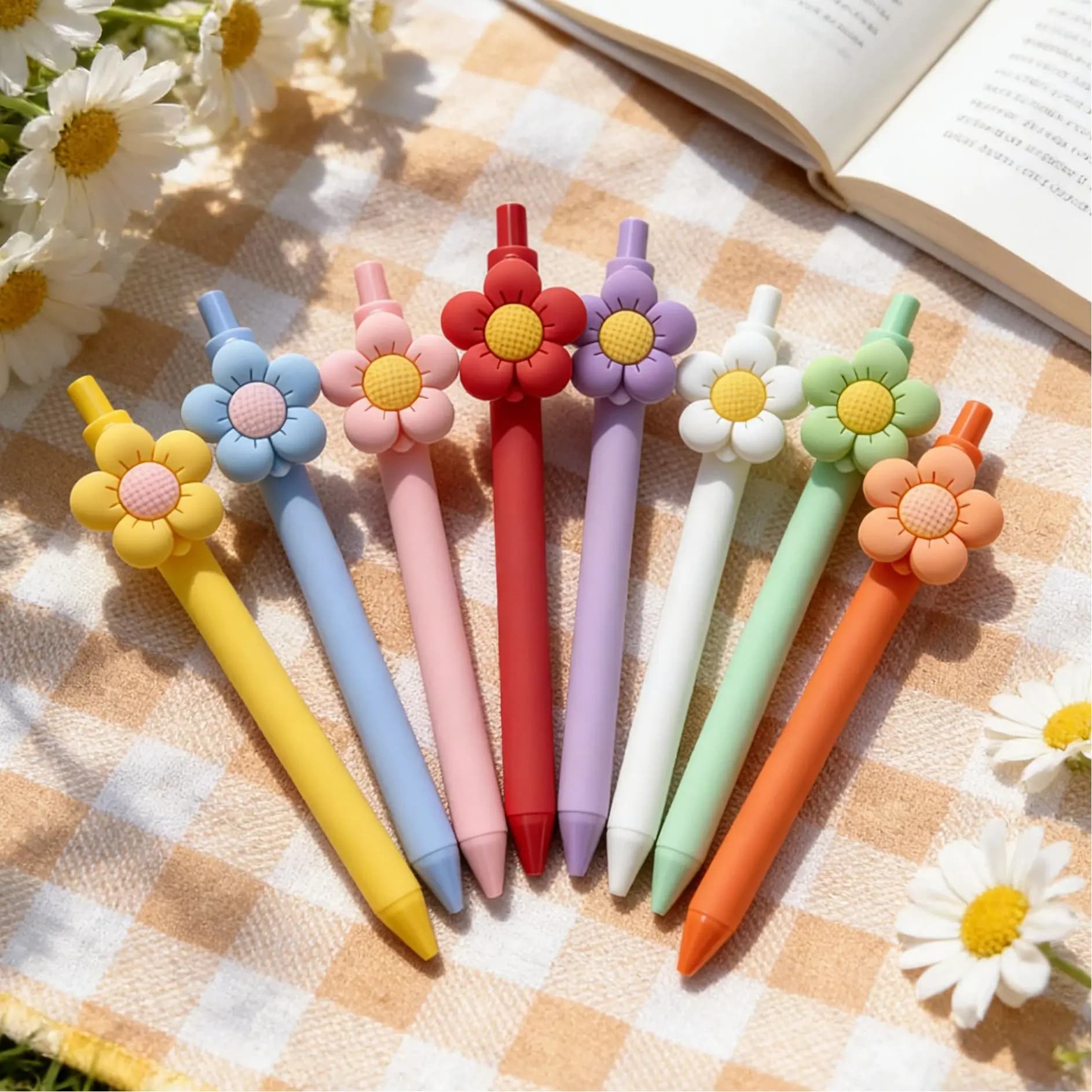 Set di 8 Penne a Forma di Margherita con Inchiostro Nero, Penne Eleganti a Punta Fine per Studenti, Forniture per Aula e Ufficio