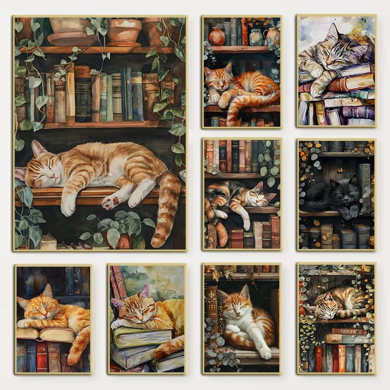 Cute Cat and Book Poster Victorian Moody Bookish Stack Books Canvas Painting Wall Art for Dark Academia Library Home Decor