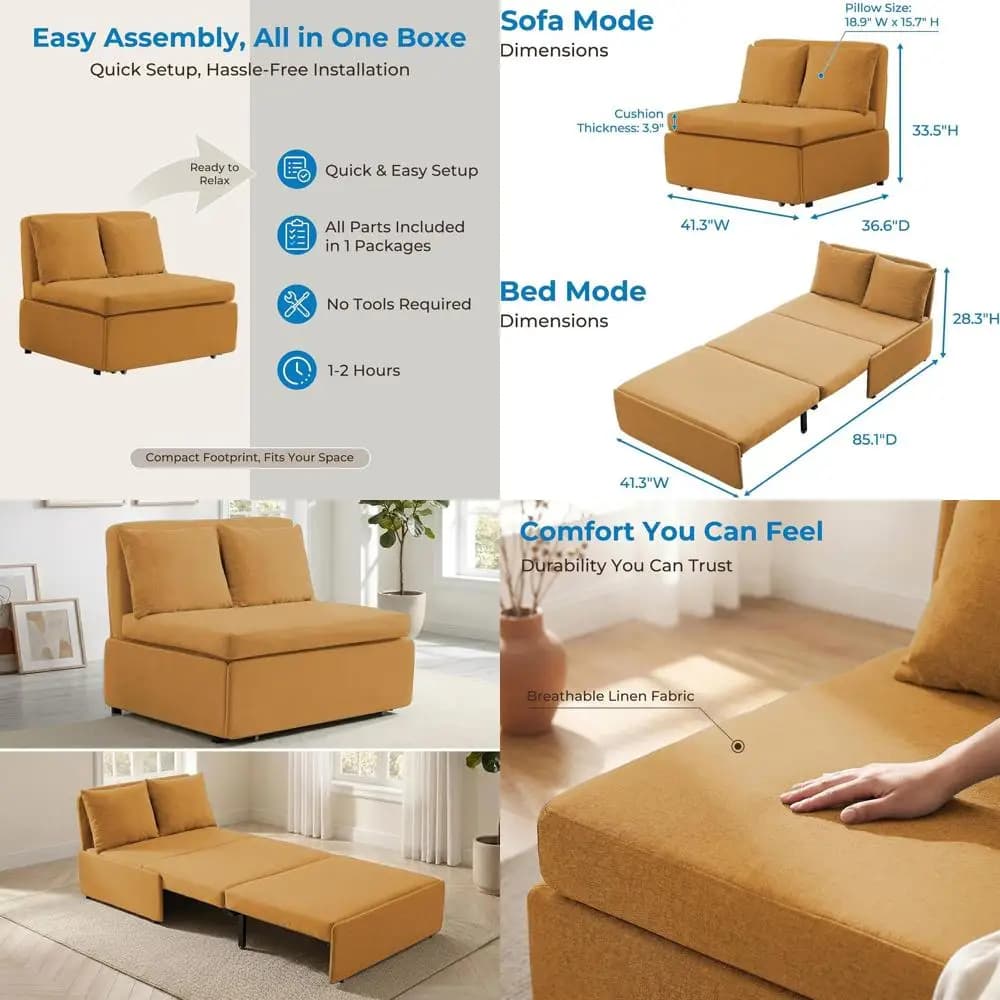 Twin Size Sleeper Sofa Bed, 2-in-1 Convertible Linen Sofa Sleeper with Cushions and Pillows for Living Room or Home Office, Yell
