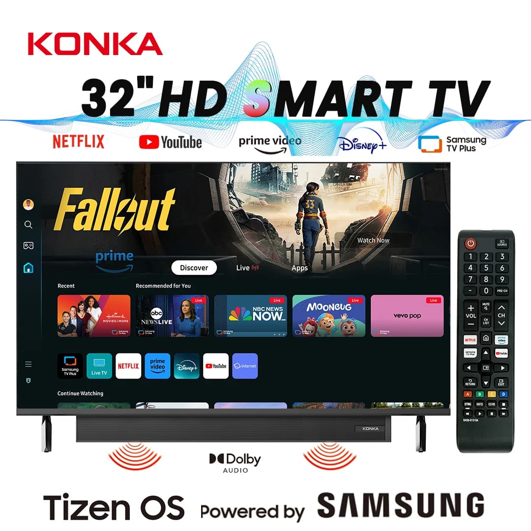 KONKA Smart TV Tizen OS from 32" Powered by SAMSUNG Soundbar from 30 W integrated HDR10 V-Max Sound Audio theatrical Sound dynamic 1 year warranty