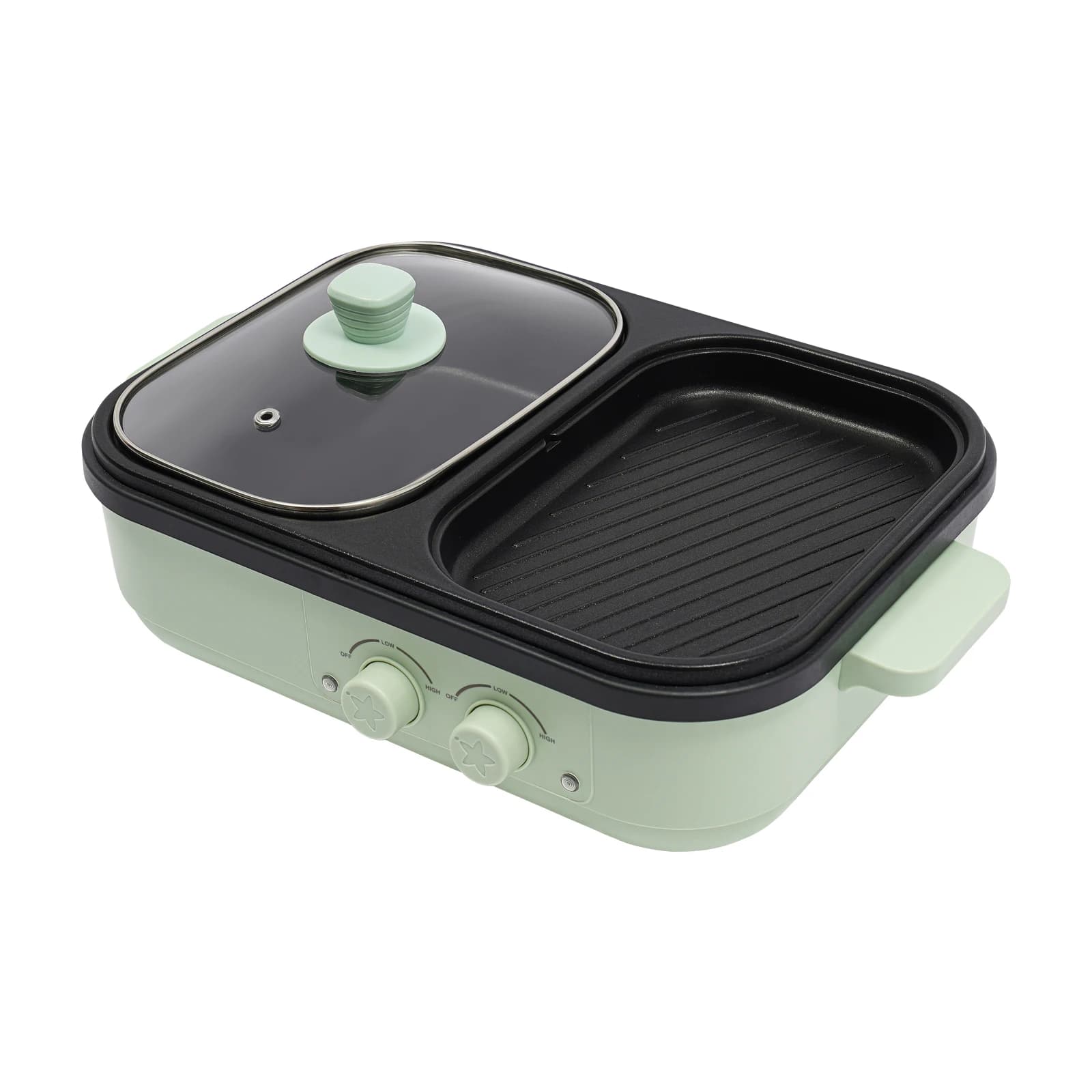 Green Black 2 In 1 Electric Cooking Pot Integrated Hot Pot And Grill Area Food Grade Alloy And Silicone Construction Non stick Coating 1300W Power US Standard Plug Tabletop Multi functional Cookware For 1 To 3 Users