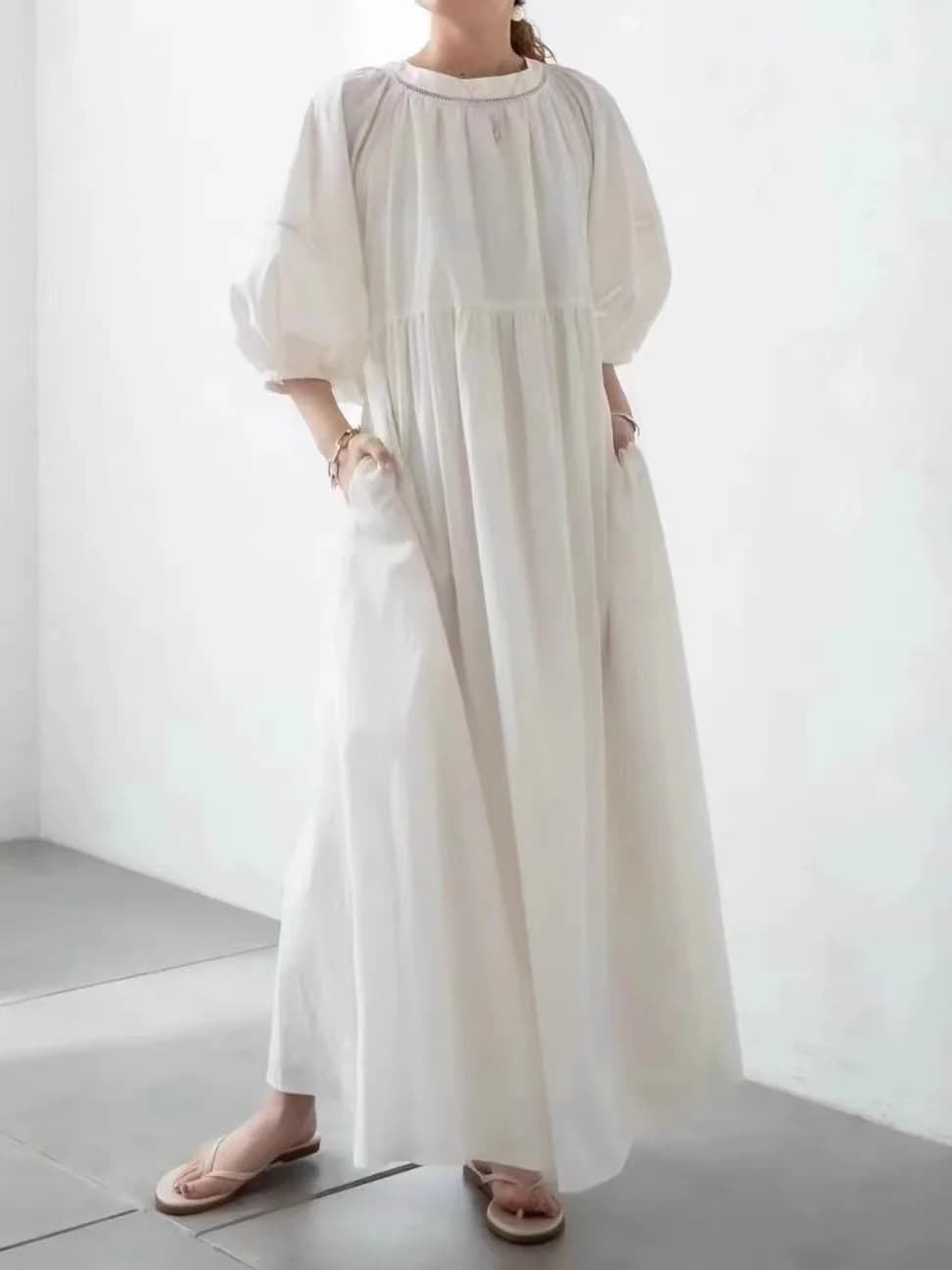Abito Casual Vintage da Donna Indossabile su Entrambi i Lati con Maniche a Lanterna, Vita Morbida, Dettagli Traforati, Cintura, Linea ad A, Tinta Unita