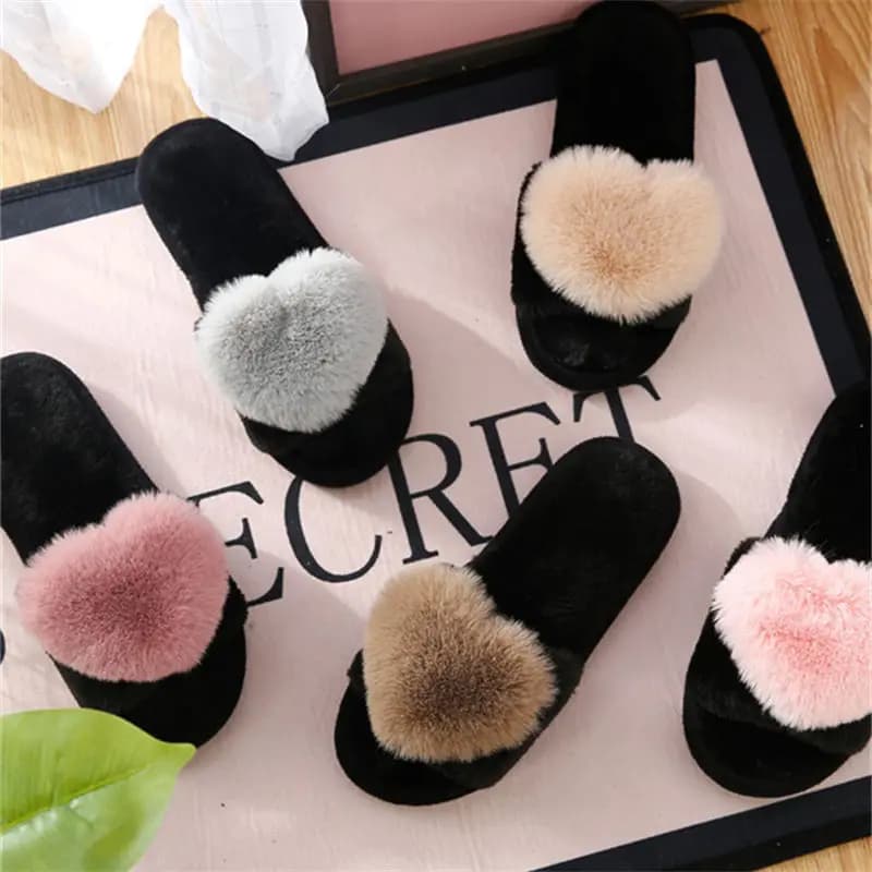 crriflz Women's Plush Heart Slippers Warm Indoor Cotton House Shoes