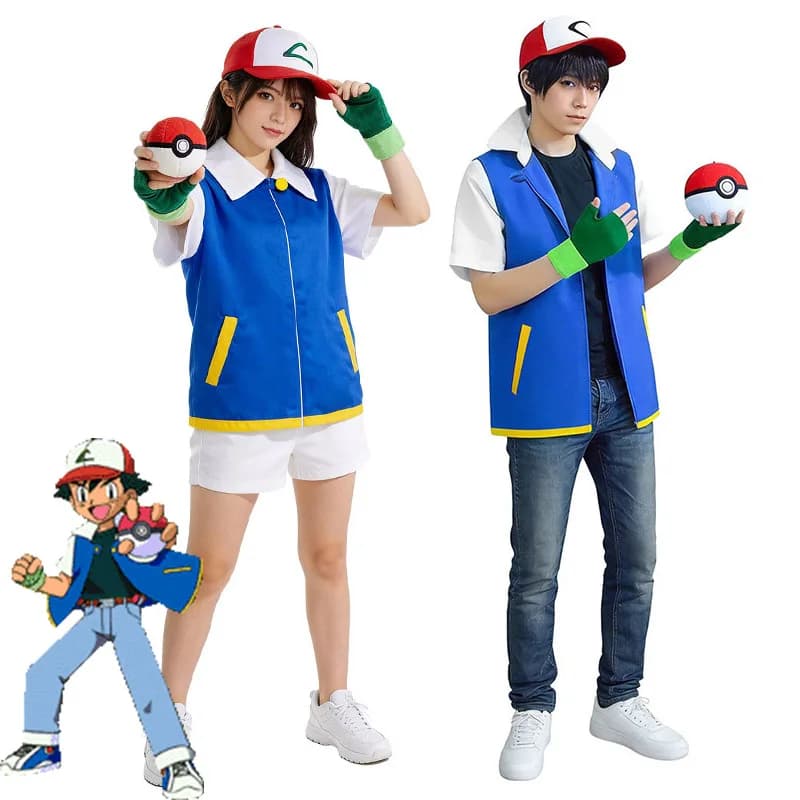 Costume Cosplay Ash Ketchum for Kids 2026: Blue Anime Jacket, Hat, Gloves and Ash Outfit for Halloween - Coating for Boys and Girls