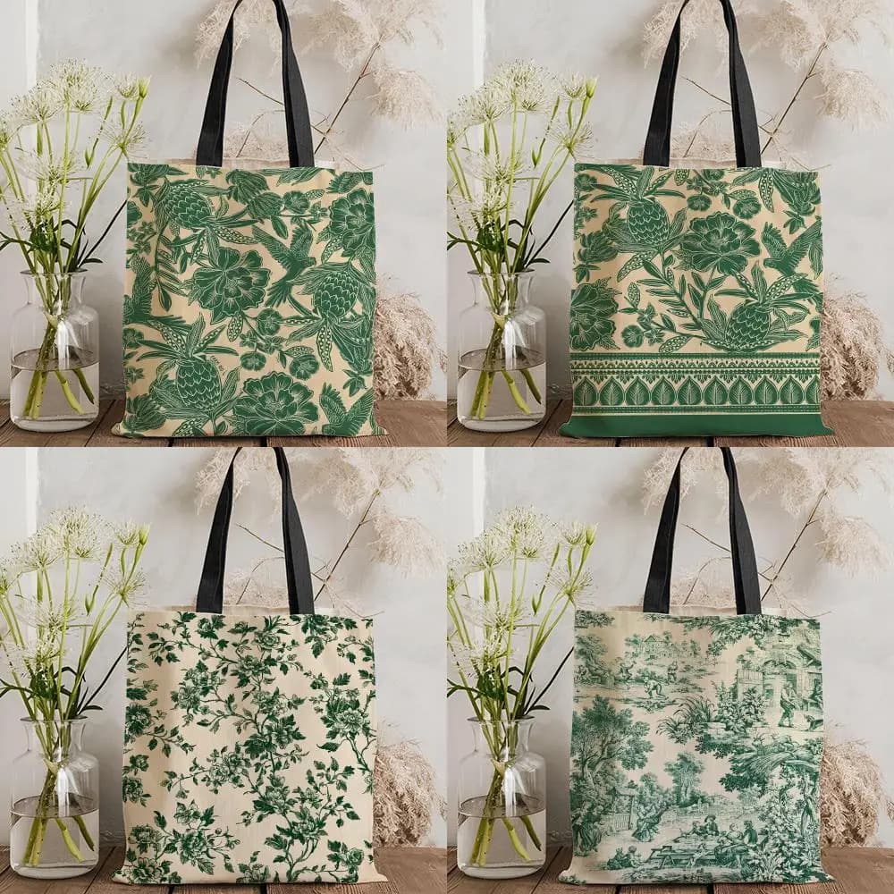 Vintage Green Storage Bags Double-Sided Printed Canvas Tote Bag Eco-Friendly Reusable Large Capacity Handbag