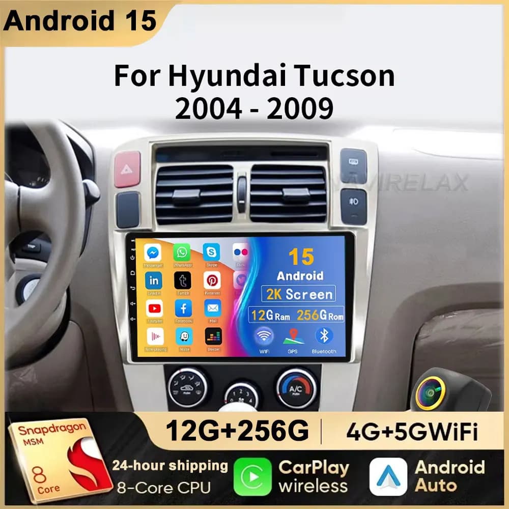 For Hyundai Tucson 1 2004-2009 Car Radio Multimedia Navigation Wireless CarPlay 4G GPS Android 15 Multimedia Touch Screen Stereo