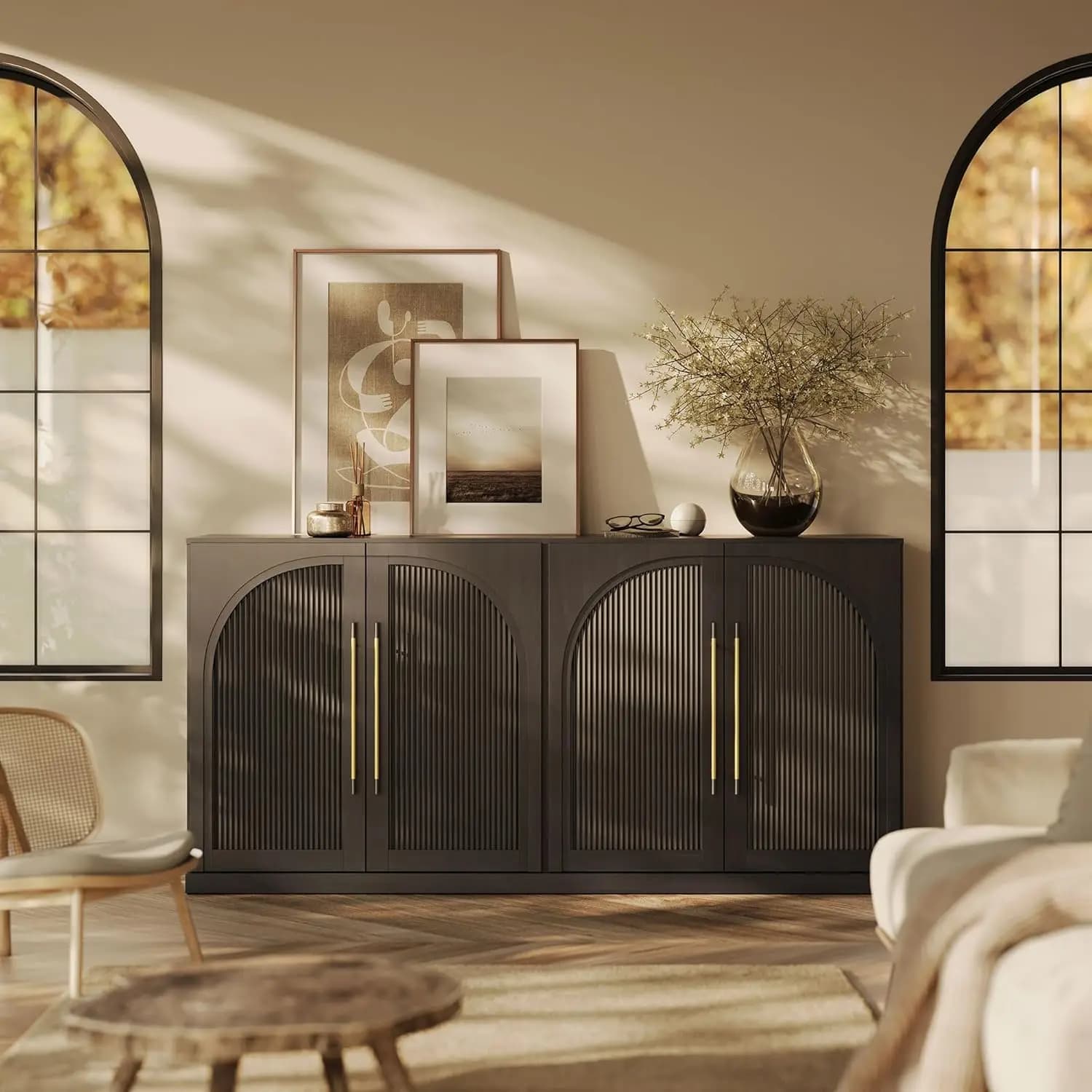 Credenza da 65 Pollici con Ante in Legno a Doppio Arco, Grande Mobile Buffet con Spazio di Archiviazione e Ripiani Regolabili, Personalizzabile